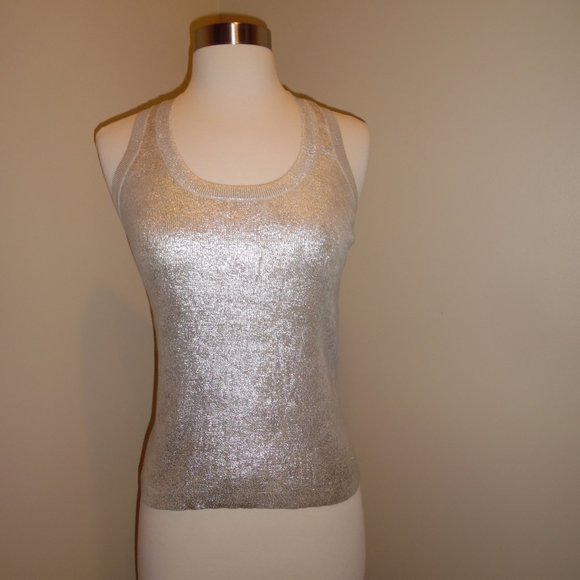Robert Rodriguez Metallic Laminated Silver Ribbed Knit Coated Cocktail Tank Top - Picture 3 of 10